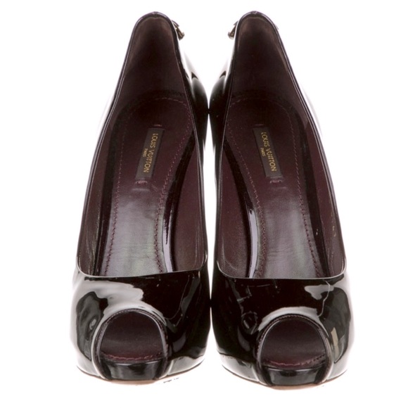 Louis Vuitton Deep Burgundy Peep Toe Lock Detail Heels - Picture 3 of 8
